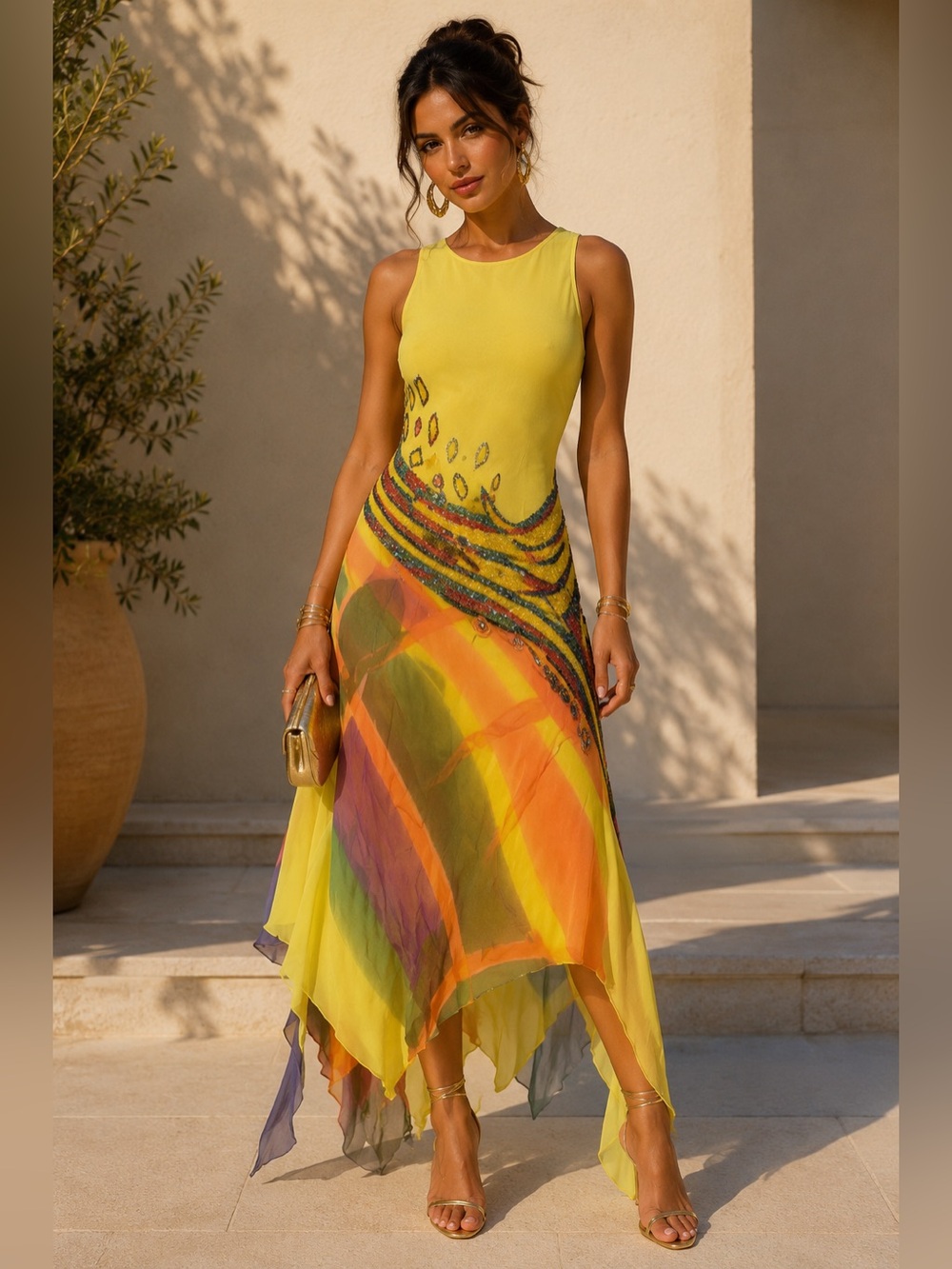 Vintage Bicici Beaded Silk Dress Gown Matching Scarf